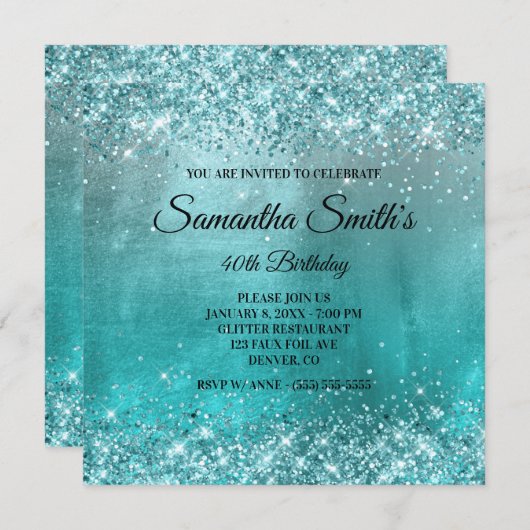 Invitation Faux Aqua Parties scintillant bleue et Foil 40e an (Devant / Derrière)