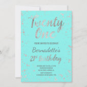 Invitation Faux argent confetti splatters turquoise 21e anniv (Devant)