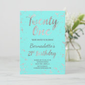 Invitation Faux argent confetti splatters turquoise 21e anniv (Debout devant)