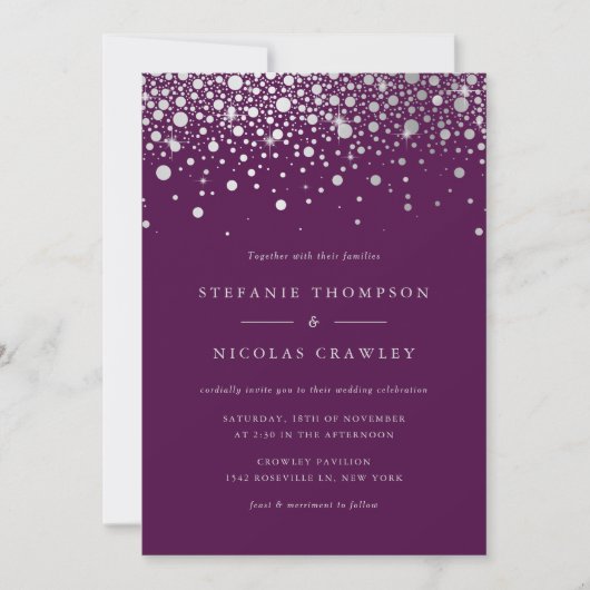 Invitation Faux Argent Foil Confetti Dots Mariage violet (Devant)