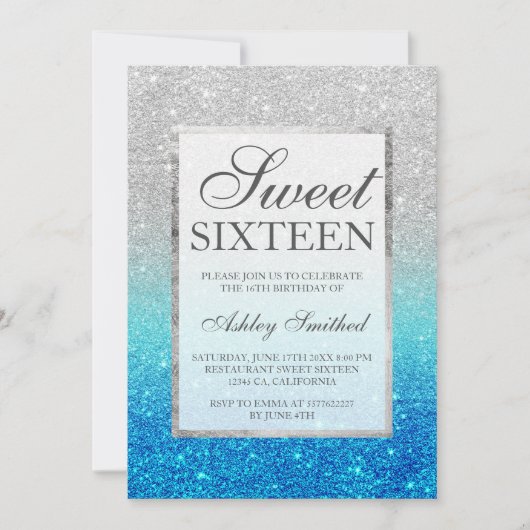 Invitation Faux argent parties scintillant bleu turquoise Swe (Devant)