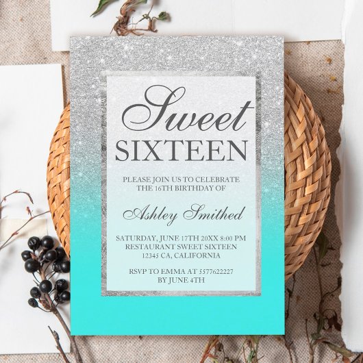Invitation Faux argent parties scintillant élégant turquoise 