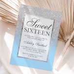 Invitation Faux argent parties scintillant élégante glace ble<br><div class="desc">Une douche à parties scintillant en faux argent moderne,  assez chic et élégante ombre avec bloc de couleur bleu glace d'hiver Sweet 16 anniversaire invitation avec motif en argent ombre fondu sur un arrière - plan bleu avec et élégant cadre en argent Parfait pour un Sweet sixteen princesse.</div>