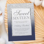 Invitation Faux argent parties scintillant marine bleu legant<br><div class="desc">Une douche à parties scintillant en faux argent moderne,  assez chic et élégante ombre avec bloc bleu marine Sweet 16 anniversaire invitation à la fête avec et élégant cadre argent Parfait pour un Sweet sixteen princesse.</div>