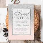 Invitation Faux argent parties scintillant rose élégant chic<br><div class="desc">Une douche à parties scintillant fausse argent moderne,  assez chic et élégante ombre avec bloc de couleur rose vif Sweet 16 anniversaire invitation avec et élégant cadre argent Parfait pour un Sweet sixteen princesse.</div>
