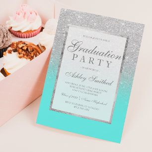 Invitation Faux argent parties scintillant turquoise Graduati
