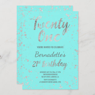 Invitation Faux argentés confettis turquoise 21e anniversaire
