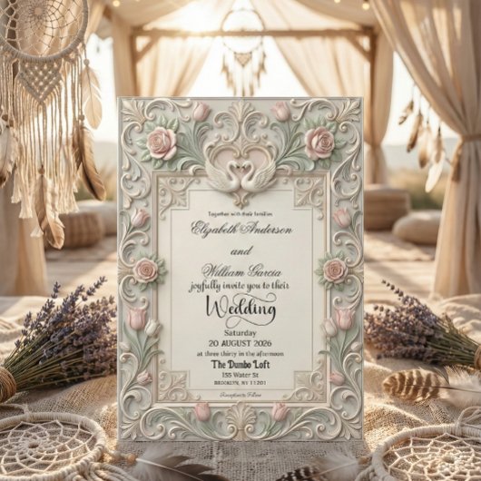 Invitation Faux Bas Relief 3D Sculpted Swans