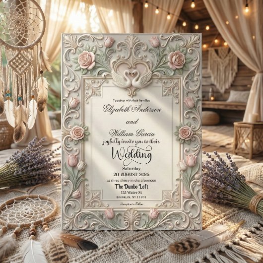 Invitation Faux Bas Relief 3D Sculpted Swans