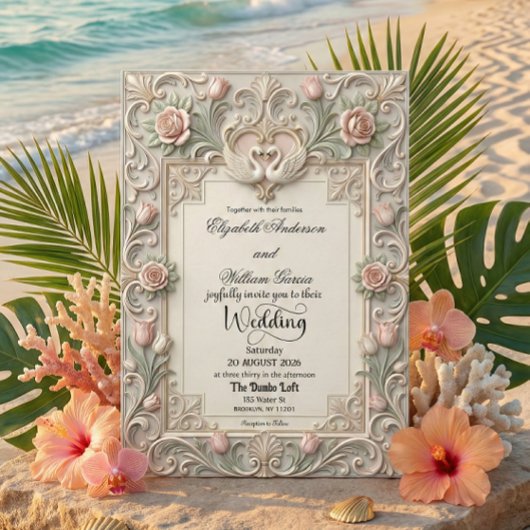 Invitation Faux Bas Relief 3D Sculpted Swans