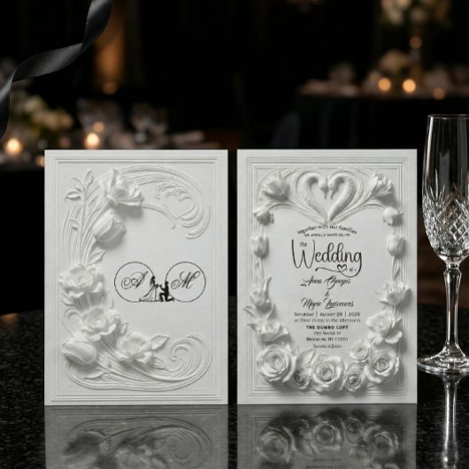 Invitation Faux Bas Relief Swans Heart Classical Wedding