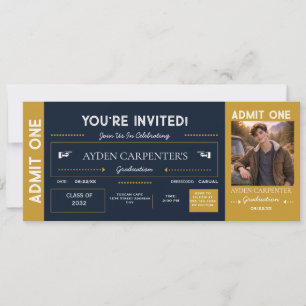 Invitation Faux Billet de Remise des Diplômes Navy & Or    In