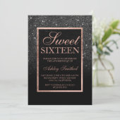 Invitation Faux black glitter elegant rose gold chic Sweet 16 (Debout devant)
