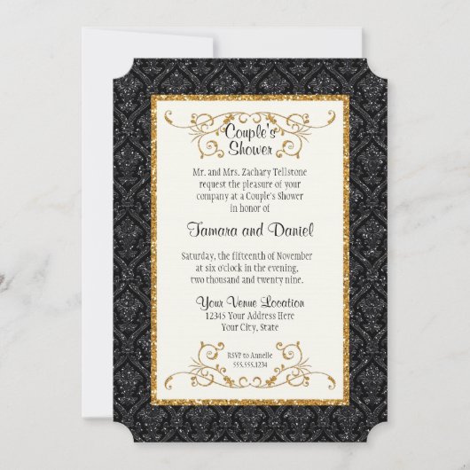 Invitation Faux Black Gold Parties scintillant Damask Style d (Devant)