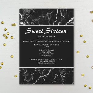 Invitation Faux Black Marbre Texture Look Sweet 16 Anniversai