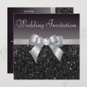 Invitation Faux Black Sequins, Argent Bow & Diamond Mariage (Devant / Derrière)