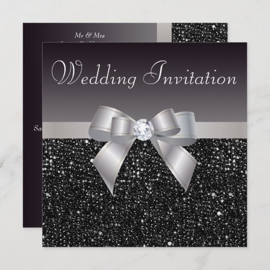 Invitation Faux Black Sequins, Argent Bow & Diamond Mariage (Devant / Derrière)