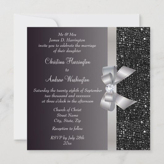Invitation Faux Black Sequins, Argent Bow & Diamond Mariage (Dos)