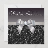 Invitation Faux Black Sequins, Argent Bow & Diamond Mariage (Devant)