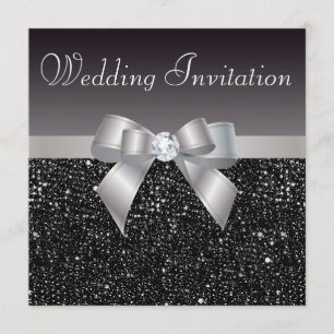 Invitation Faux Black Sequins, Argent Bow & Diamond Mariage