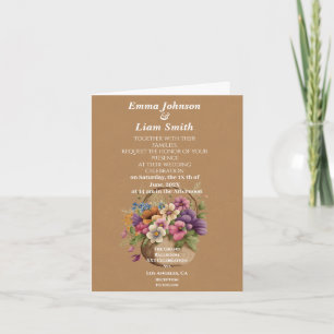 Invitation Faux brun papier artisanal et fleurs mariage