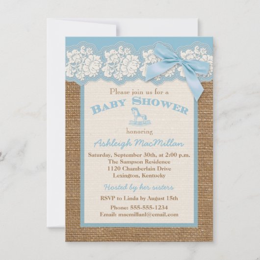Invitation FAUX Burlap Dentelle d'ivoire, Baby shower bleu In (Devant)