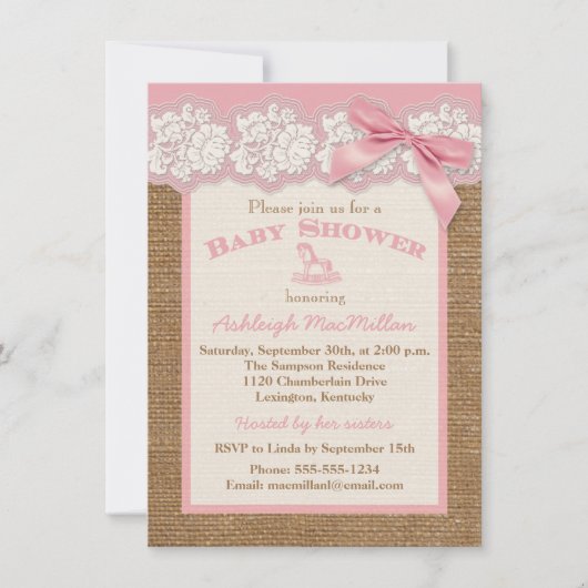 Invitation FAUX Burlap Dentelle d'ivoire, Baby shower rose In (Devant)