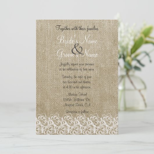 Invitation Faux Burlap et Lace (Debout devant)