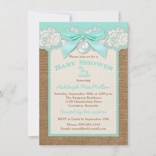 Invitation FAUX Burlap Ivory Lace, Aqua Baby shower Invitatio (Devant)