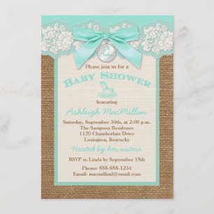 Invitation FAUX Burlap Ivory Lace, Aqua Baby shower Invitatio
