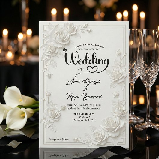 Invitation Faux Carved White Rose Bas Relief Floral Wedding 