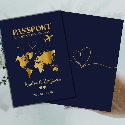 Invitation Faux cœur d'or Passeport Mariage de destination 