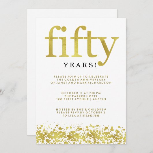 Invitation Faux Confettis Dorés pour les 50 Ans de Mariage (Devant / Derrière)