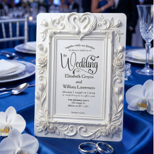 Invitation Faux cygnes gaufrés & Roses Mariage Conte de Fées