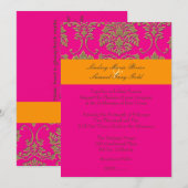 Invitation Faux damas or/ orange/rose vif (Devant / Derrière)