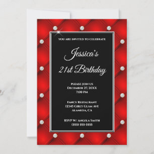Invitation Faux Diamant Touffeté Rouge Clair 21e Anniversaire