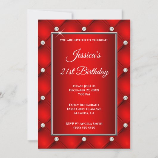 Invitation Faux Diamond Tufted Bright Red Ombre 21e anniversa (Devant)
