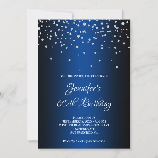 Invitation Faux Diamonds et Blue Ombre 60e anniversaire (Dos)