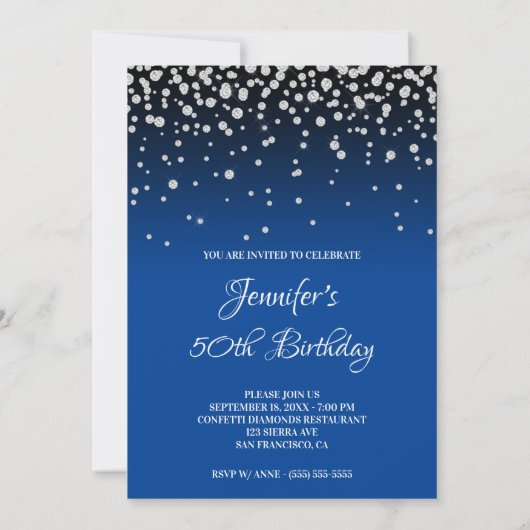 Invitation Faux Diamonds et Bright Blue Ombre 50e anniversair (Dos)