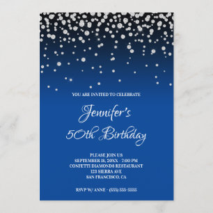Invitation Faux Diamonds et Bright Blue Ombre 50e anniversair