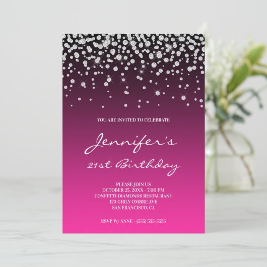 Invitation Faux Diamonds noir rose Gradient 21e anniversaire (Debout devant)