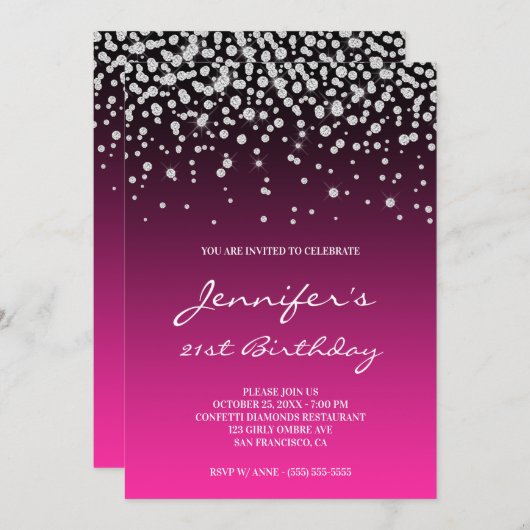 Invitation Faux Diamonds noir rose Gradient 21e anniversaire (Devant / Derrière)