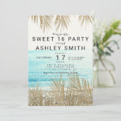 Invitation Faux d'or photo de plage de palmier Sweet 16 (Debout devant)