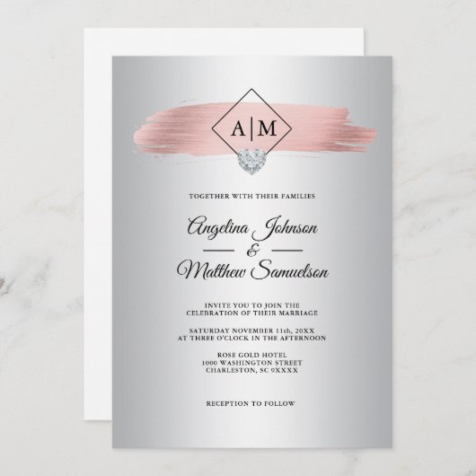 Invitation Faux Dusty Rose Gold Foil Silver Monogram Mariage (Devant / Derrière)