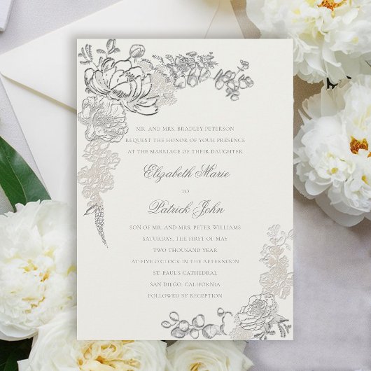 Invitation Faux Embossé Peonies Cadre Formal Pearl Mariage