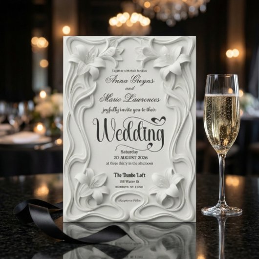 Invitation Faux Embossed 3D Floral Frame Pearl Wedding 