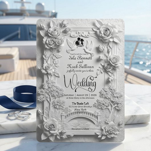 Invitation Faux Embossed 3D White Rose Floral Relief Wedding 