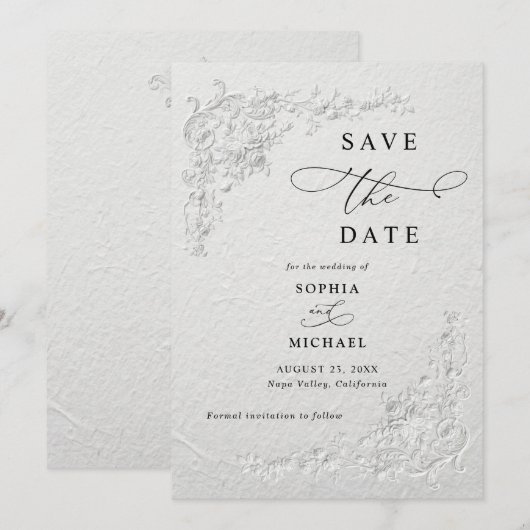 Invitation Faux Embossed Floral Wedding Save the Date I (Devant / Derrière)
