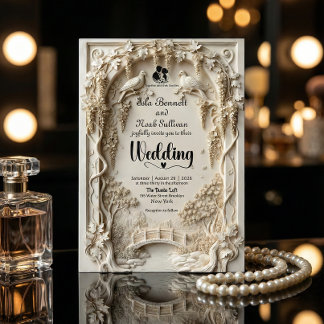 Invitation Faux Embossed Ivory Floral Scenic Relief Wedding