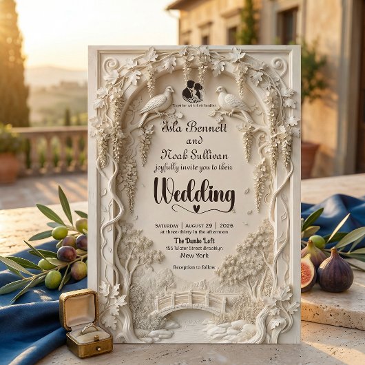 Invitation Faux Embossed Ivory Floral Scenic Relief Wedding